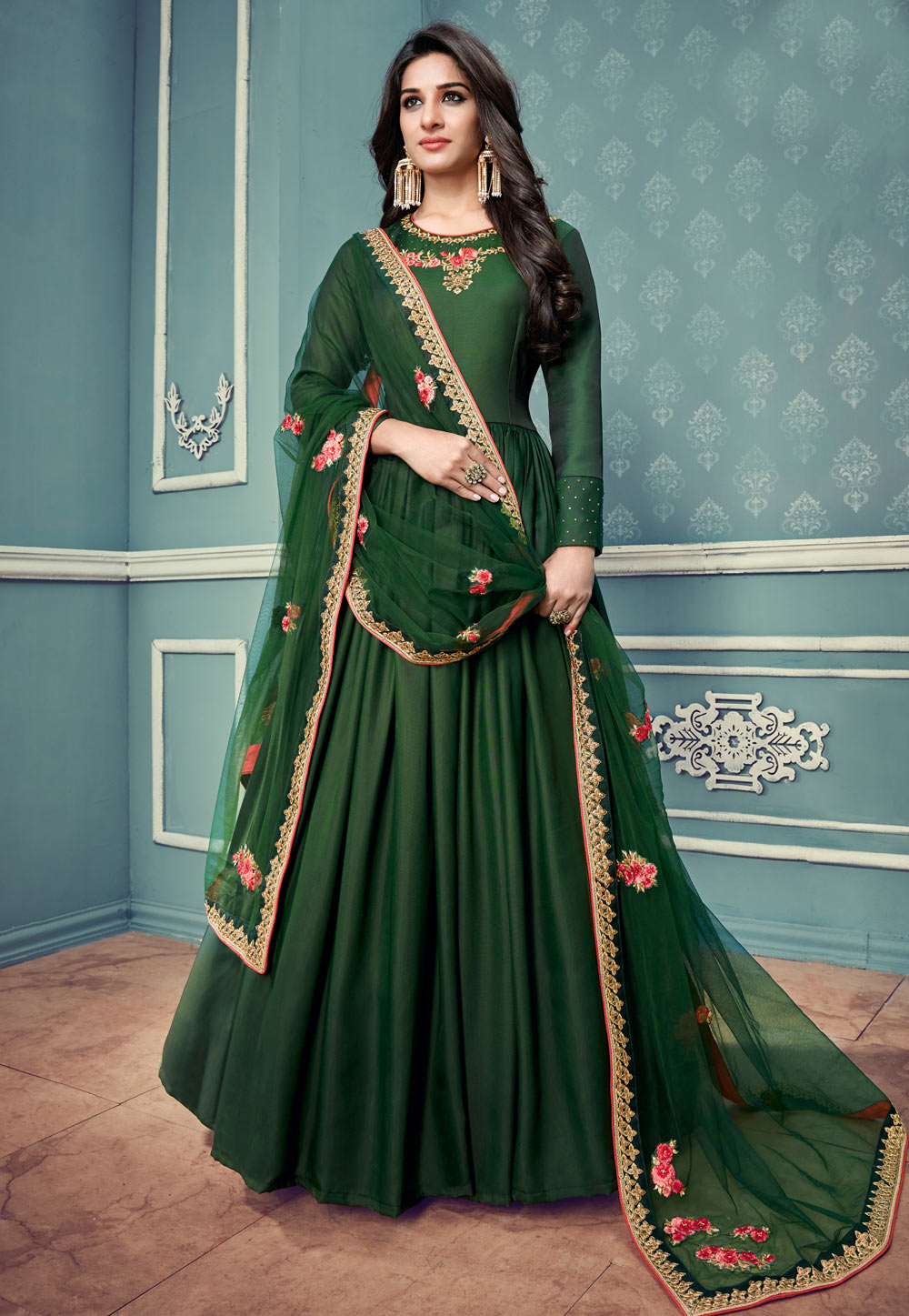 Green Silk Long Anarkali Suit 133230