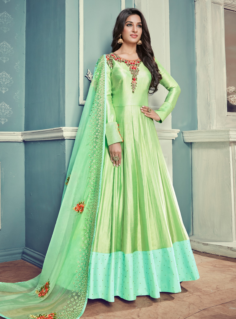 Light Green Silk Long Anarkali Suit 133231
