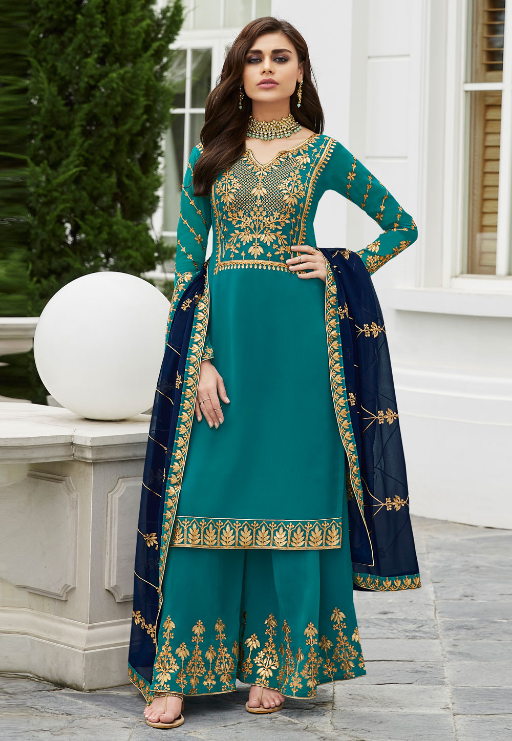 Turquoise Georgette Embroidered Palazzo Suit 185321