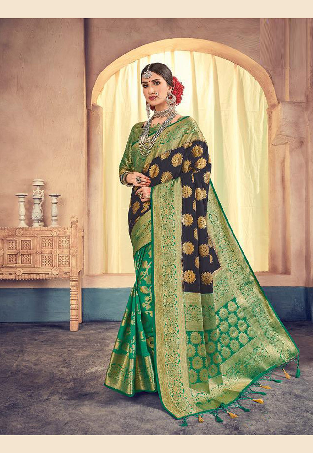 Green Banarasi Silk Half and Half Saree 164773