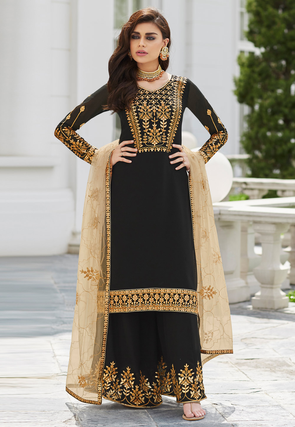 Black Georgette Embroidered Kameez With Palazzo 185322