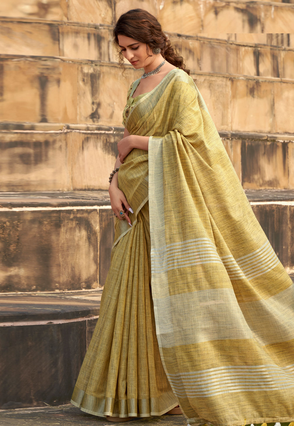 Yellow Linen Saree With Blouse 275560