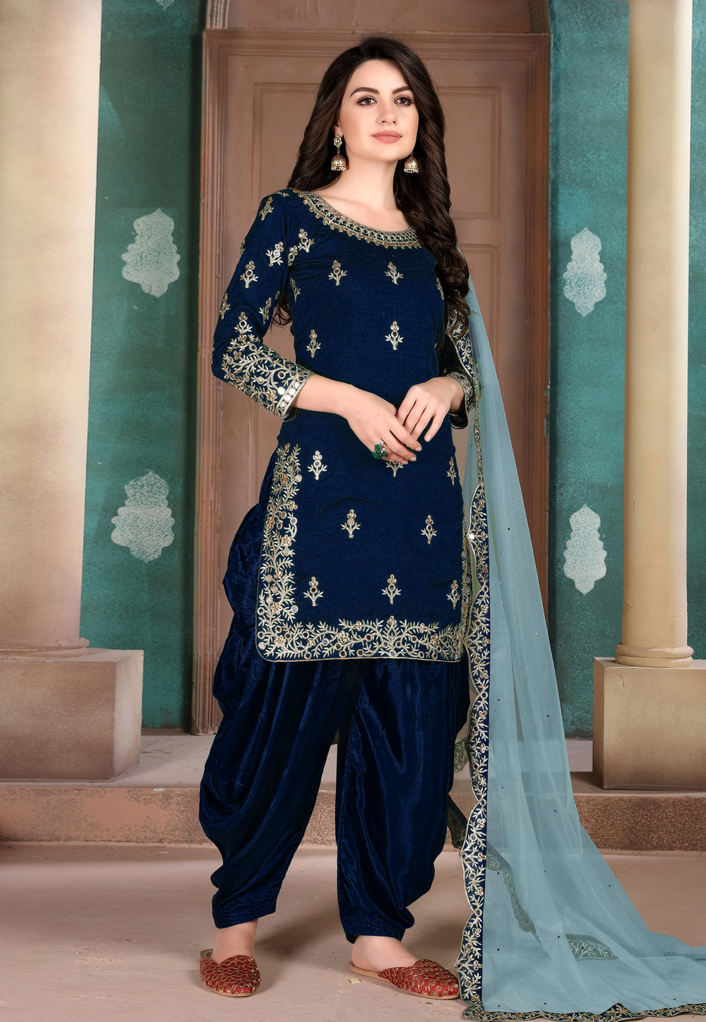 Navy Blue Art Silk Embroidered Punjabi Suit 203219