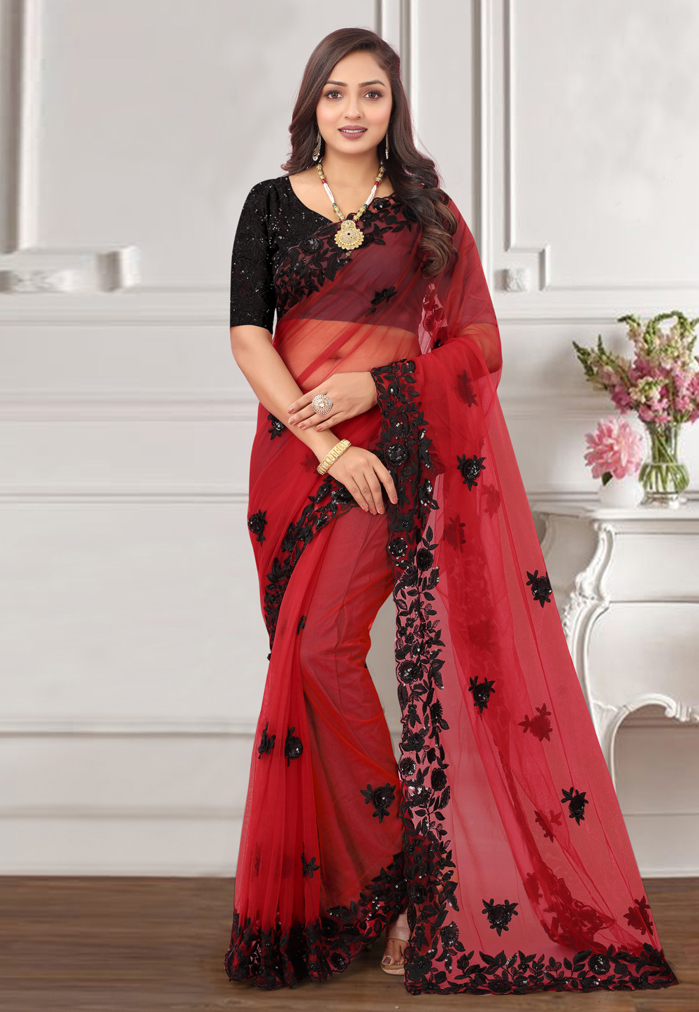 Red Net Saree With Blouse 266869