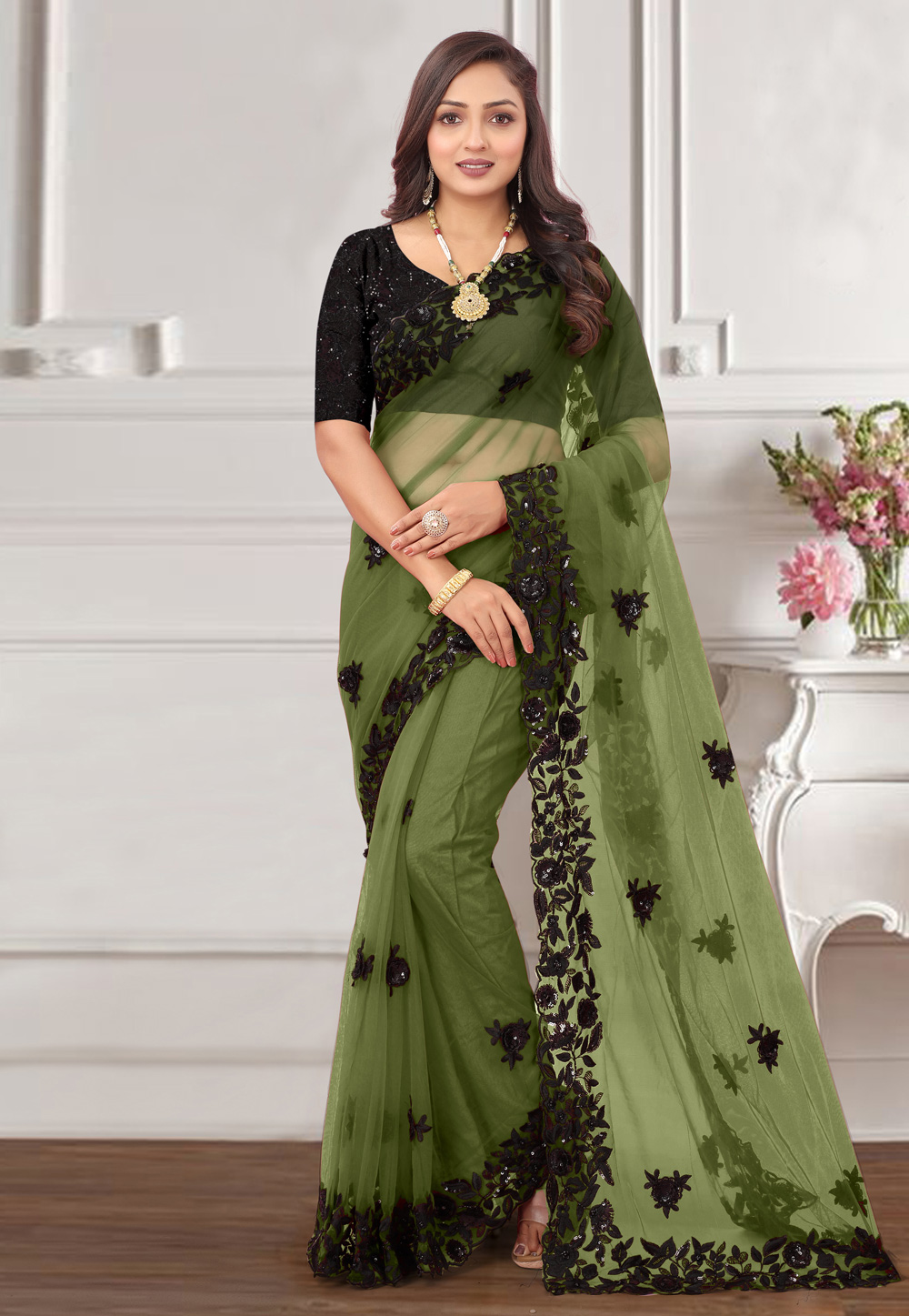 Green Net Saree With Blouse 266870