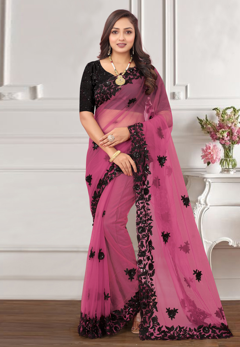 Pink Net Saree With Blouse 266871