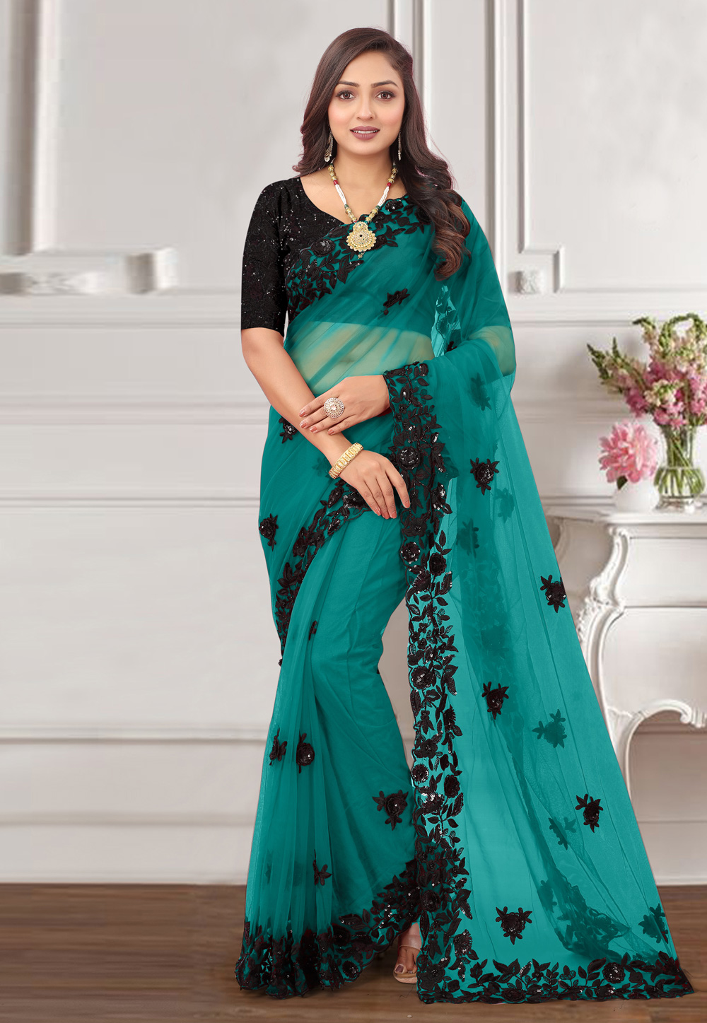 Turquoise Net Saree With Blouse 266872