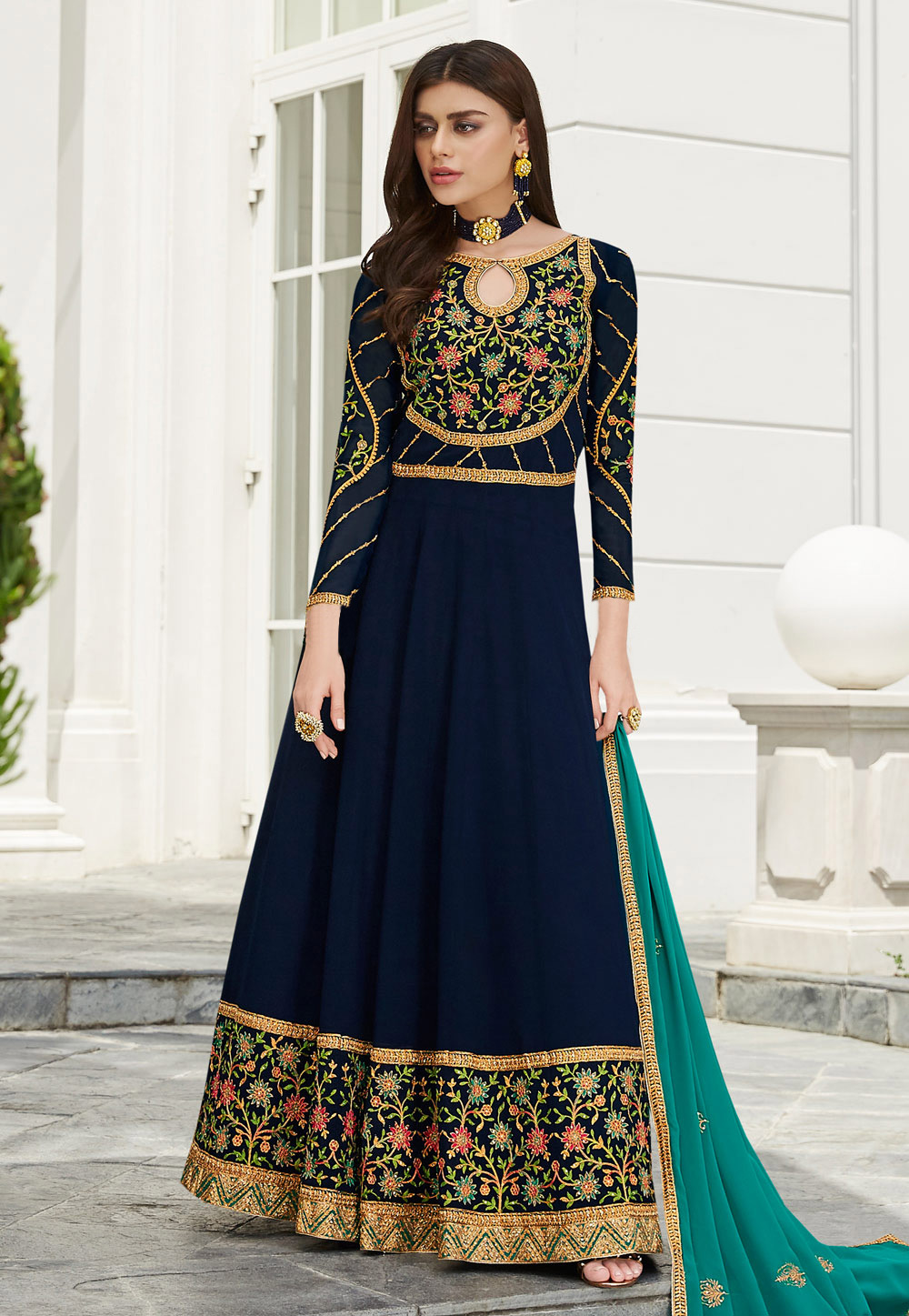 Navy Blue Georgette Embroidered Abaya Style Anarkali Suit 189740