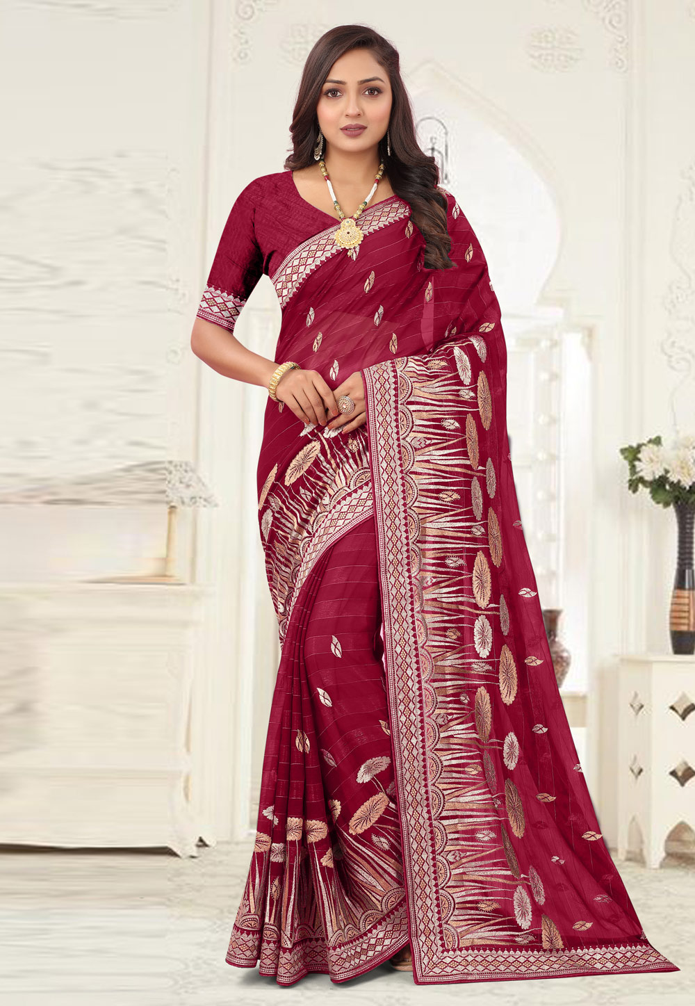 Maroon Shimmer Saree With Blouse 266874
