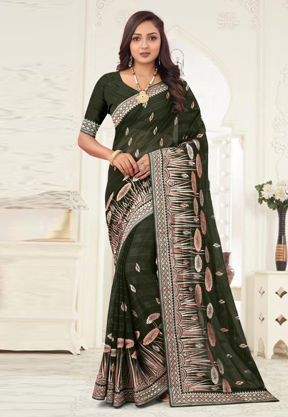 Camo Green Shimmer Saree With Blouse 266876