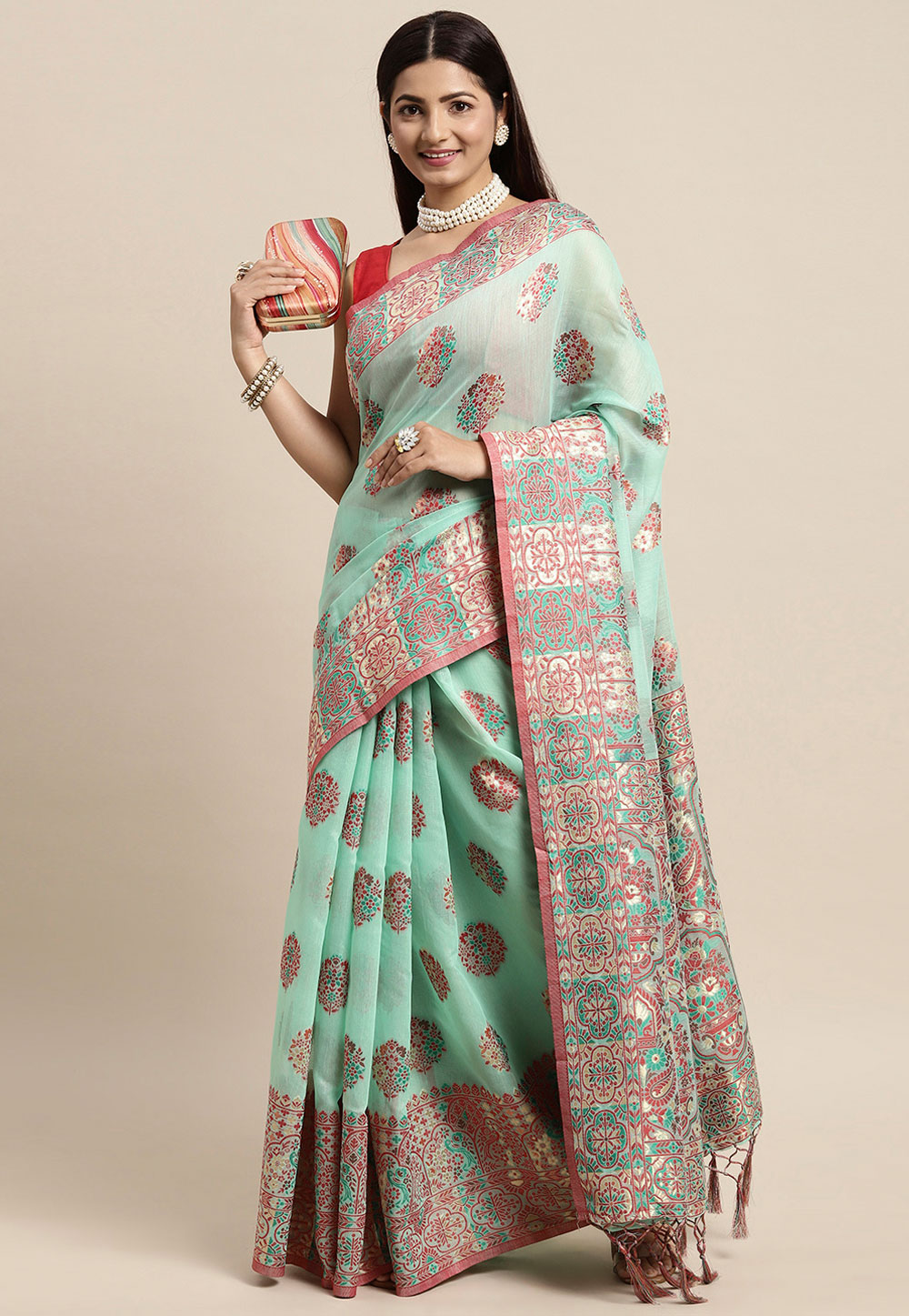 Sea Green Cotton Saree With Blouse 262819