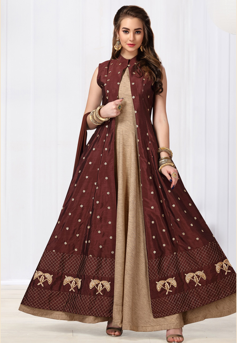 Wine Silk Readymade Embroidered Jacket Style Anarkali Suit 175376