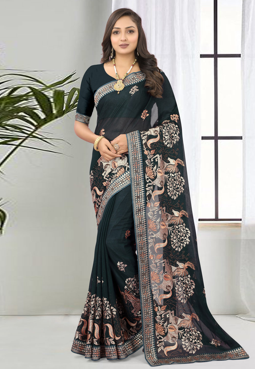 Teal Shimmer Saree With Blouse 266878