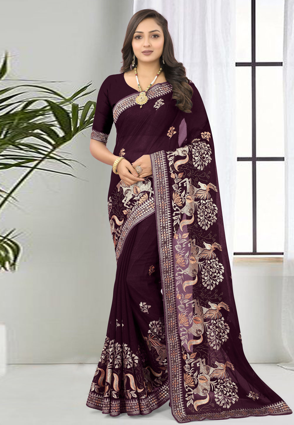 Wine Shimmer Saree With Blouse 266879