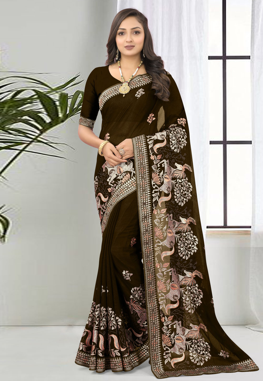 Brown Shimmer Saree With Blouse 266881