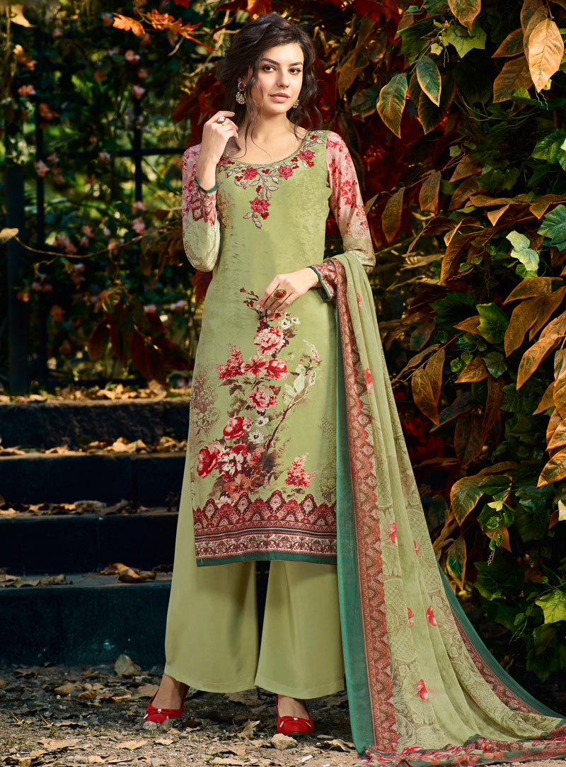 Green Crepe Palazzo Style Suit 120659