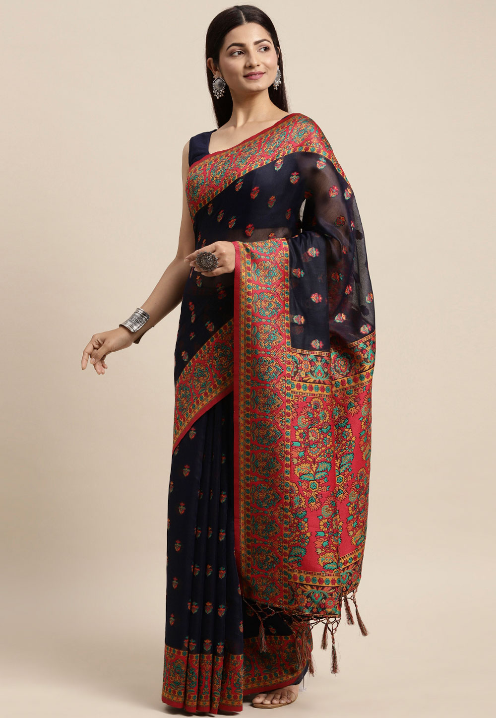Navy Blue Cotton Saree With Blouse 262825