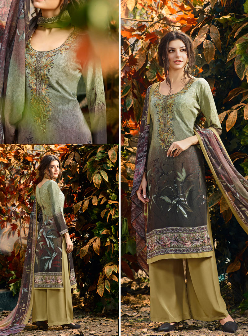 Light Green Crepe Palazzo Style Suit 120661