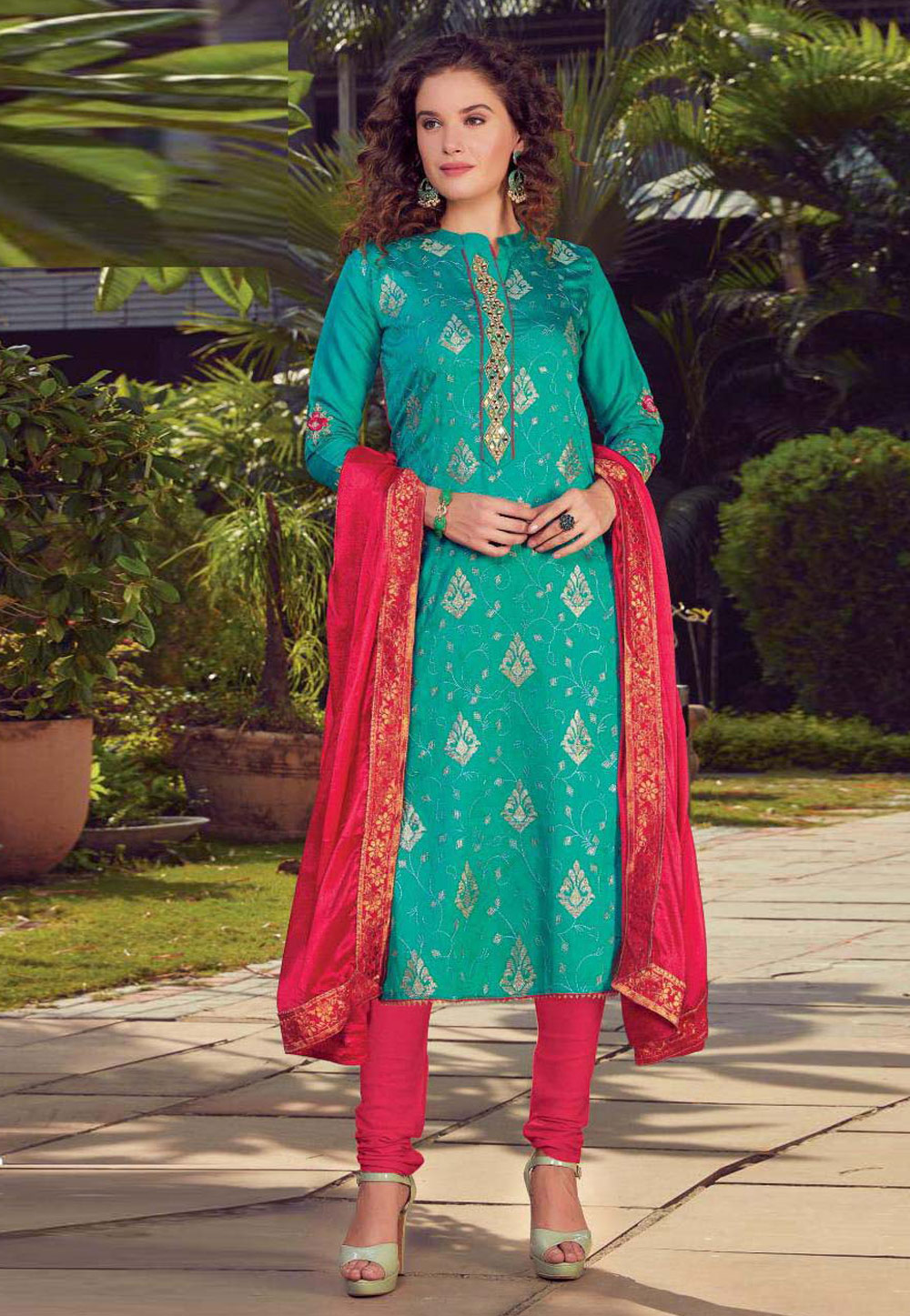 Turquoise Blue Satin Churidar Salwar Kameez 195824