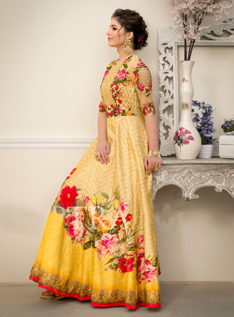 Yellow Silk Long Gown 147004