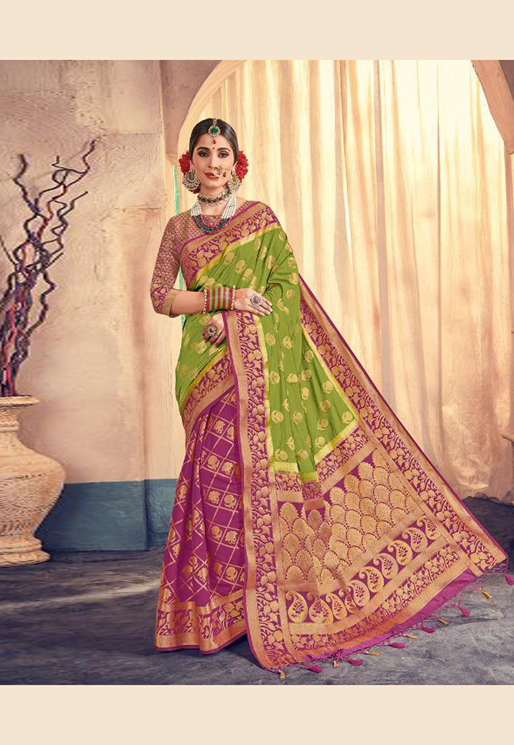 Green Banarasi Silk Half and Half Saree 164777