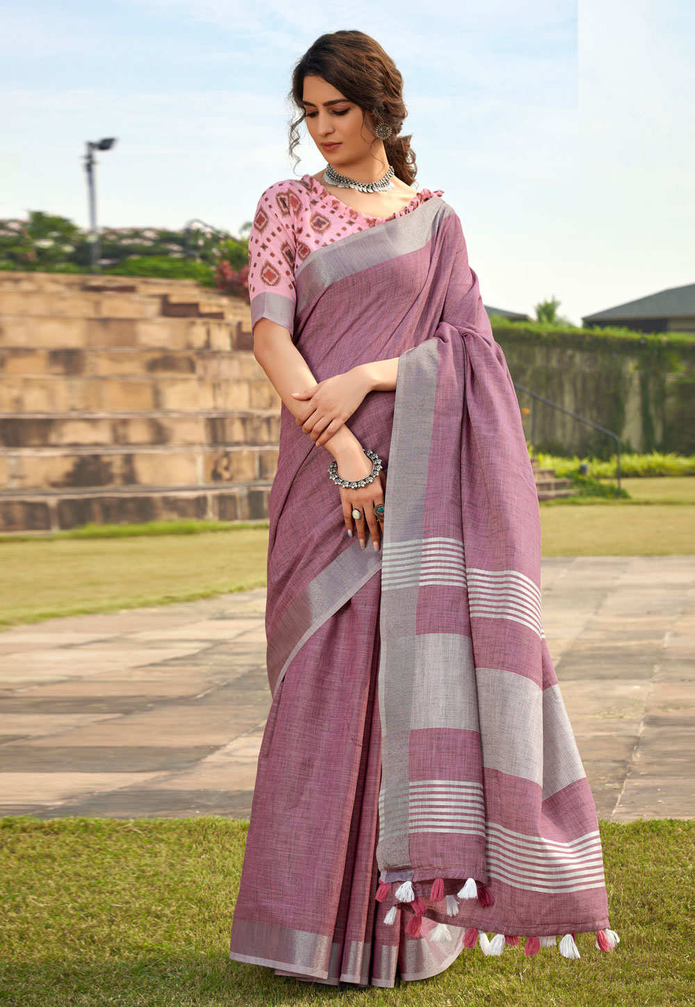 Pink Linen Saree With Blouse 275562