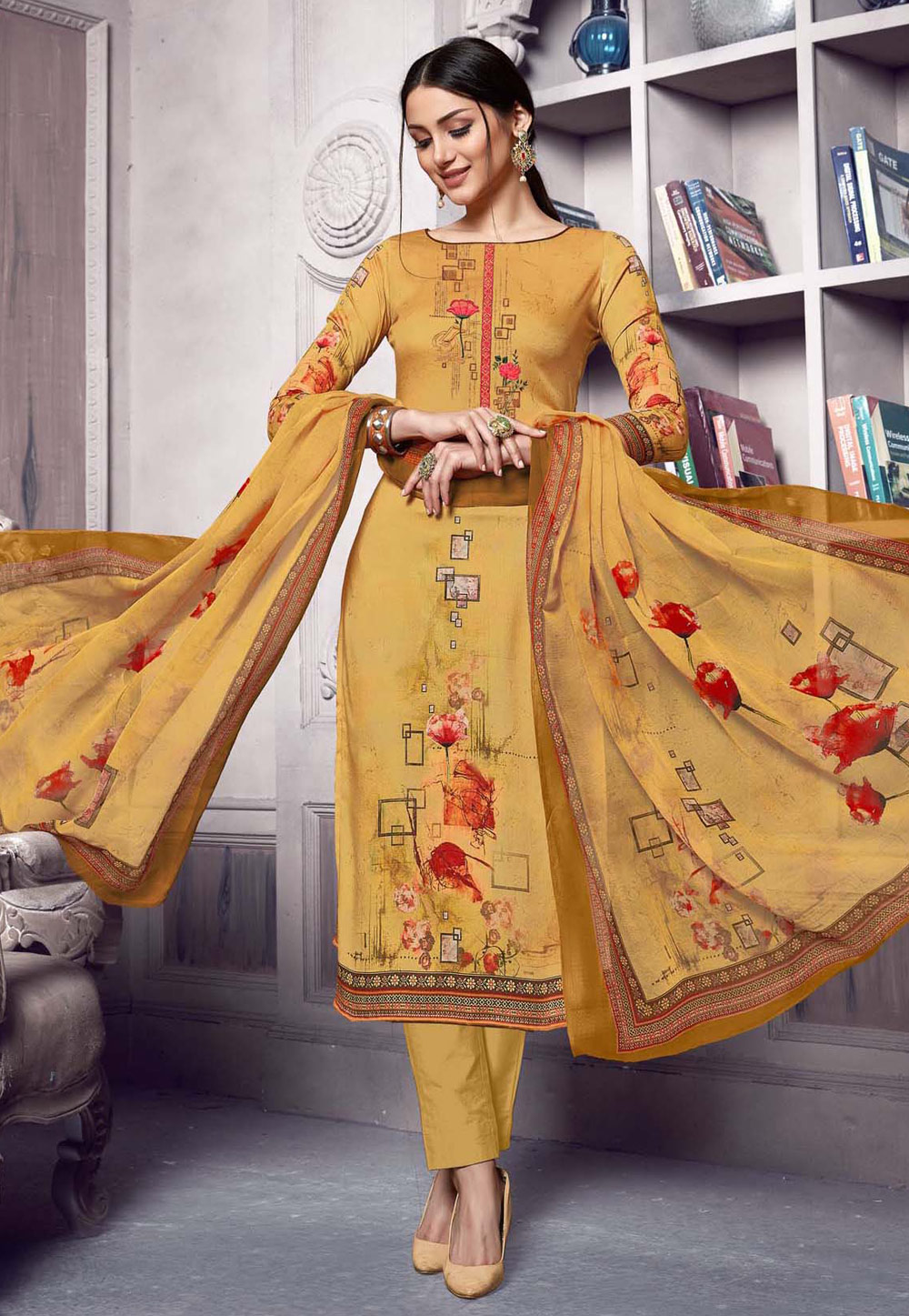 Yellow Cotton Cambric Printed Kameez With Pant 195876