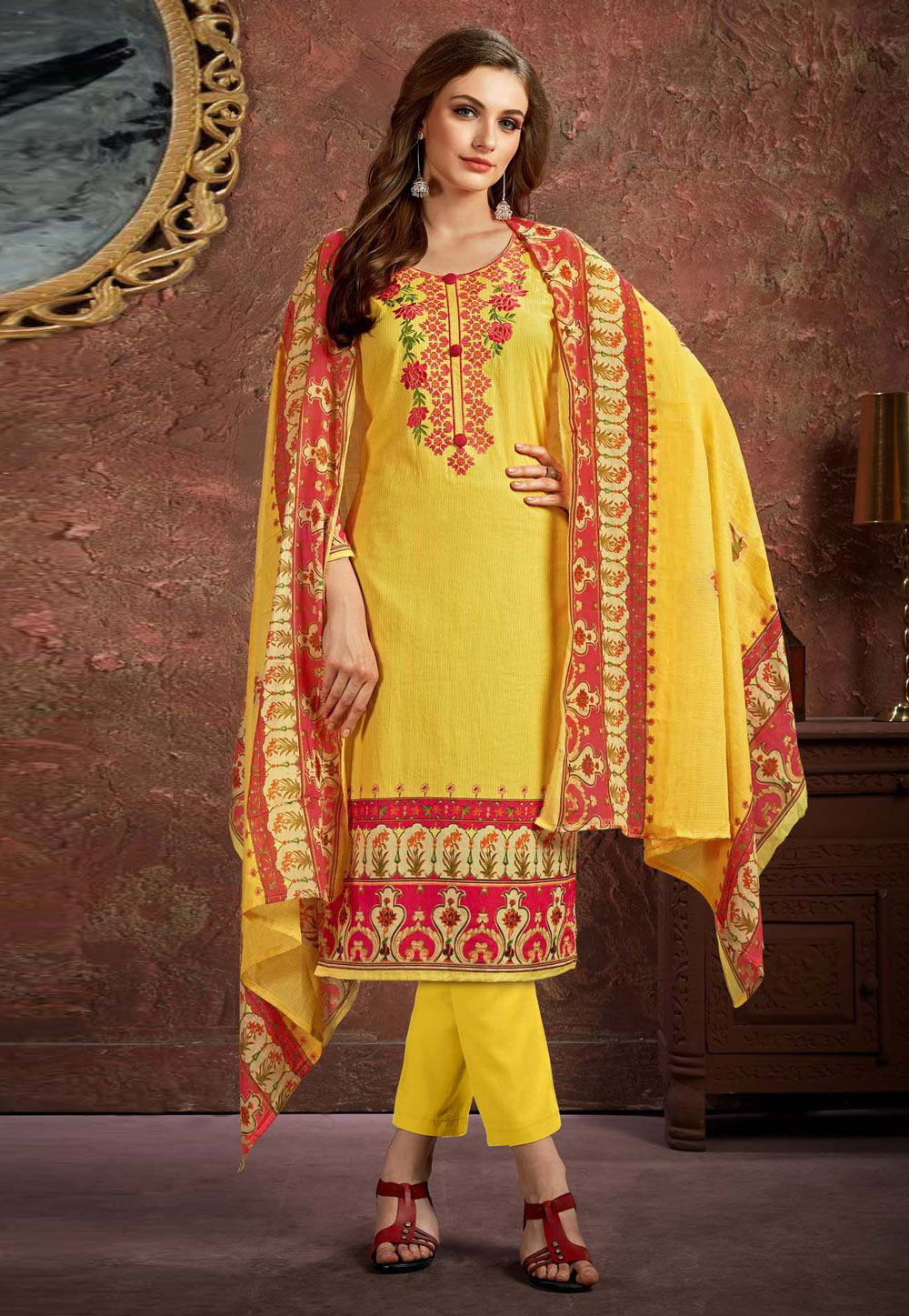 Yellow Cambric Cotton Kameez With Pant 195878