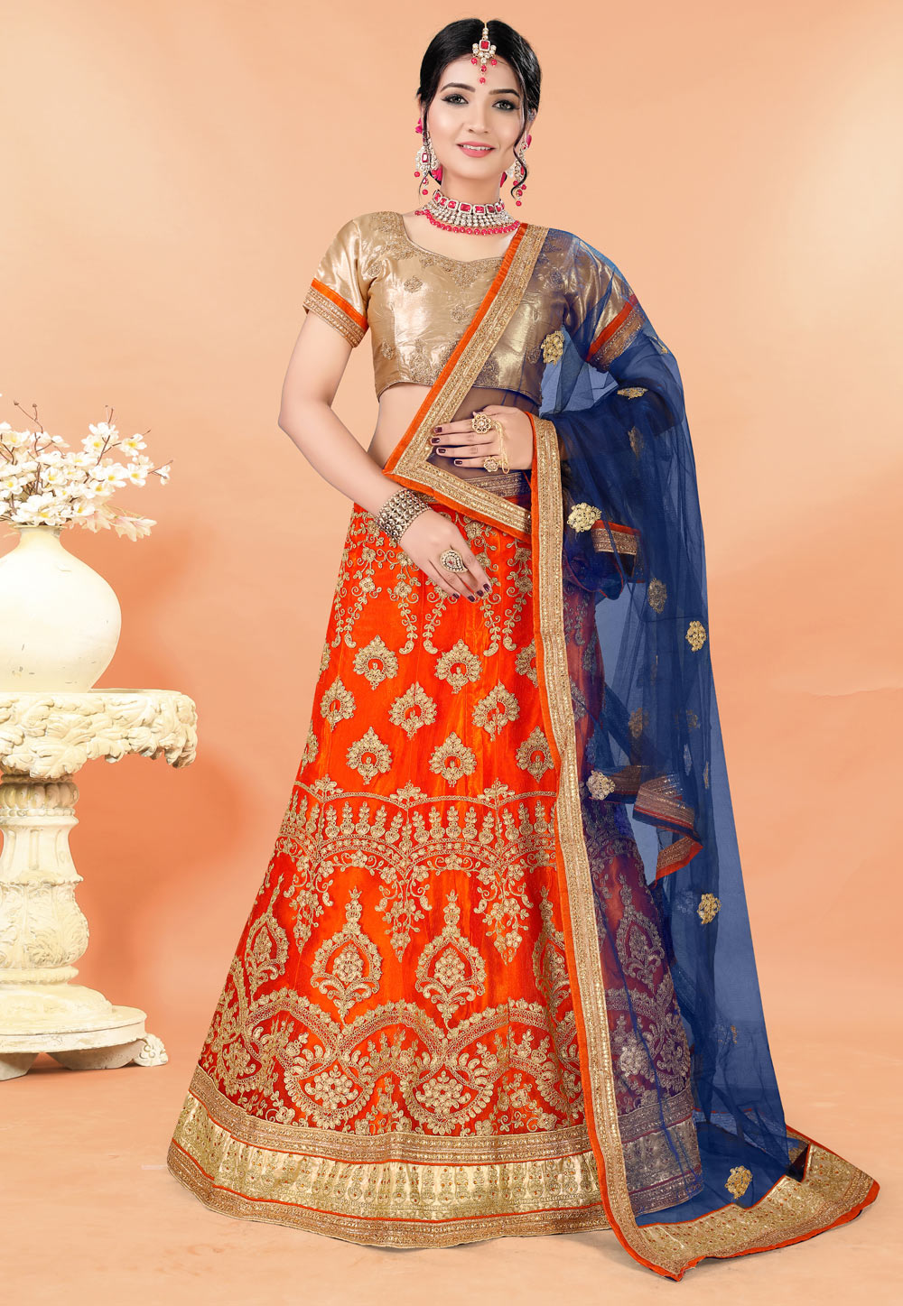 Orange Net A Line Lehenga Choli 220707