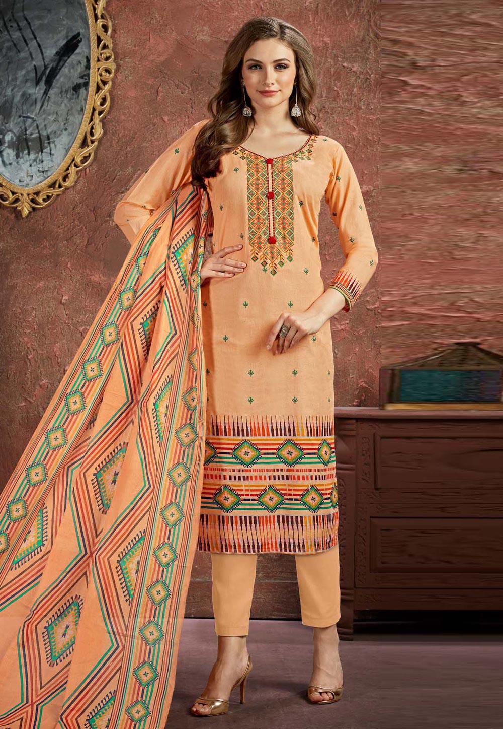 Peach Cambric Cotton Kameez With Pant 195880