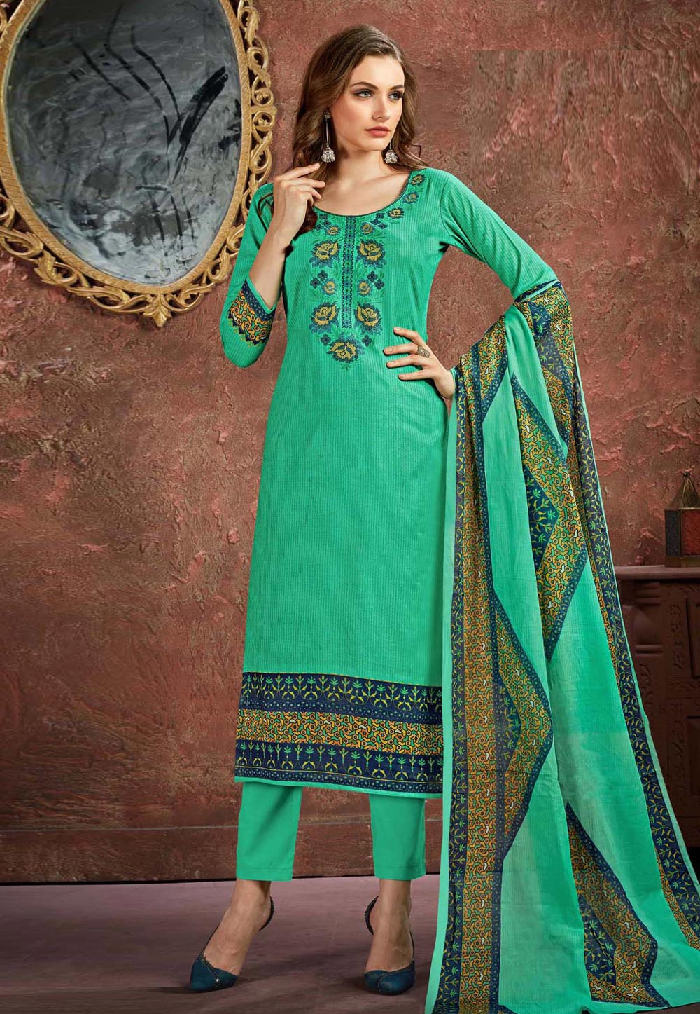 Green Cambric Cotton Kameez With Pant 195882