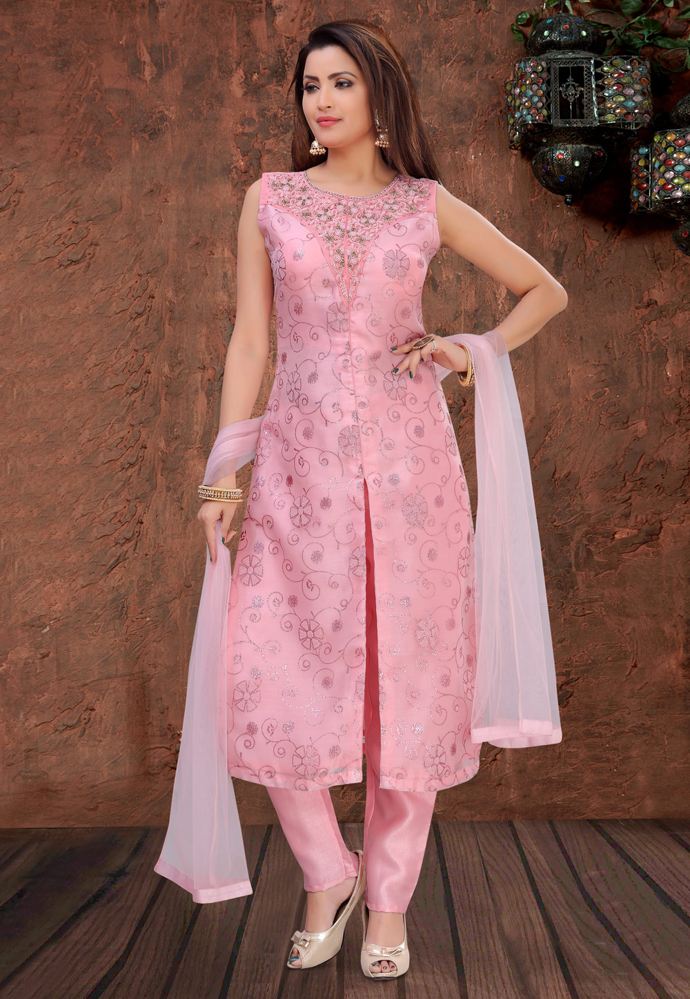 Pink Organza Readymade Pant Style Suit 195507
