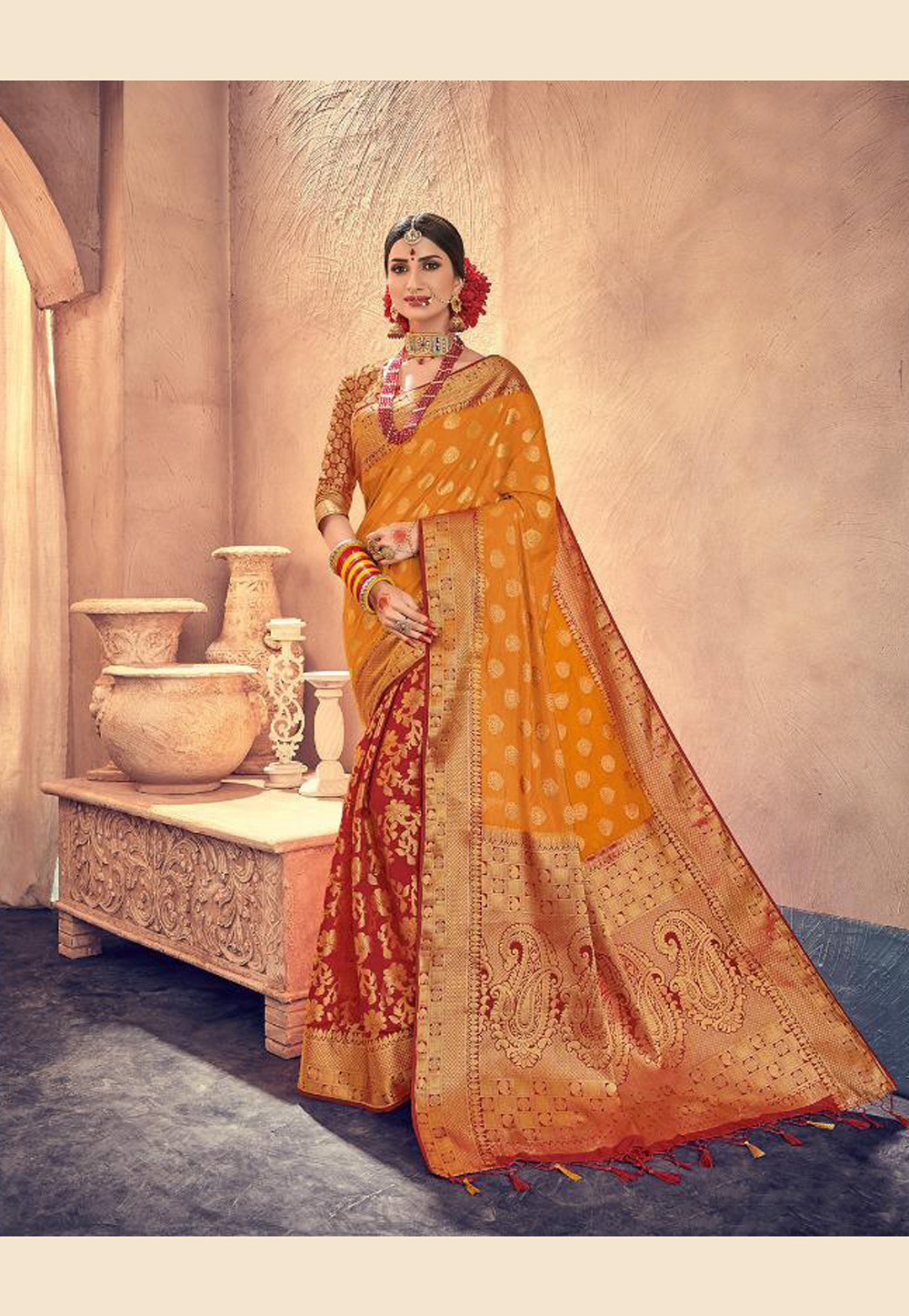 Yellow Banarasi Silk Half and Half Saree 164779