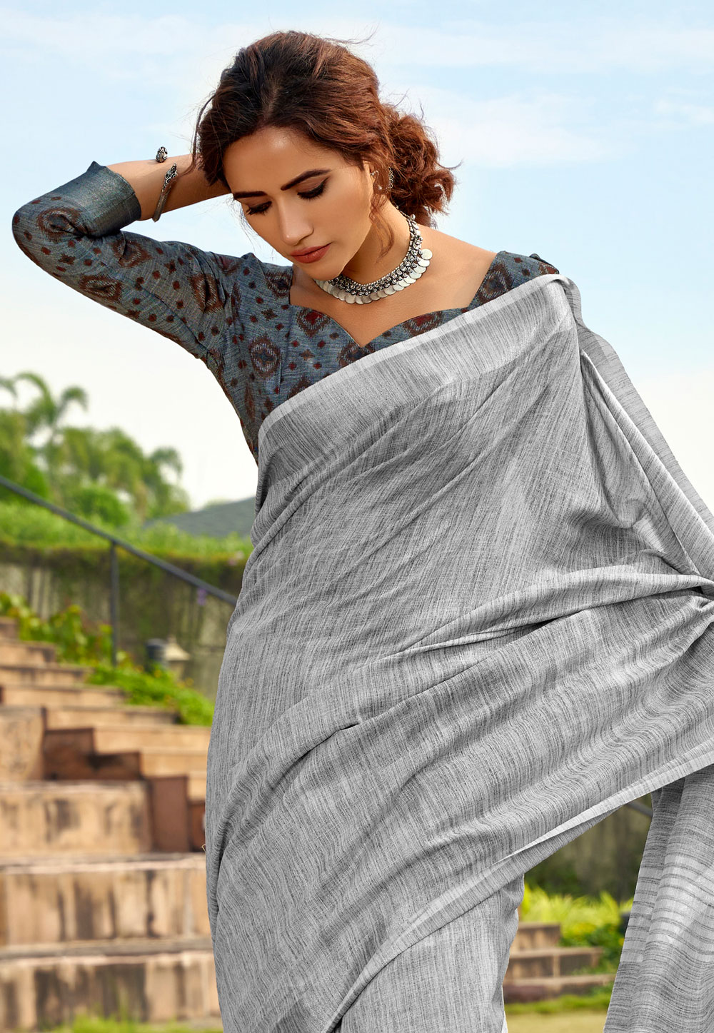 Grey Colour With Piping Linen Saree