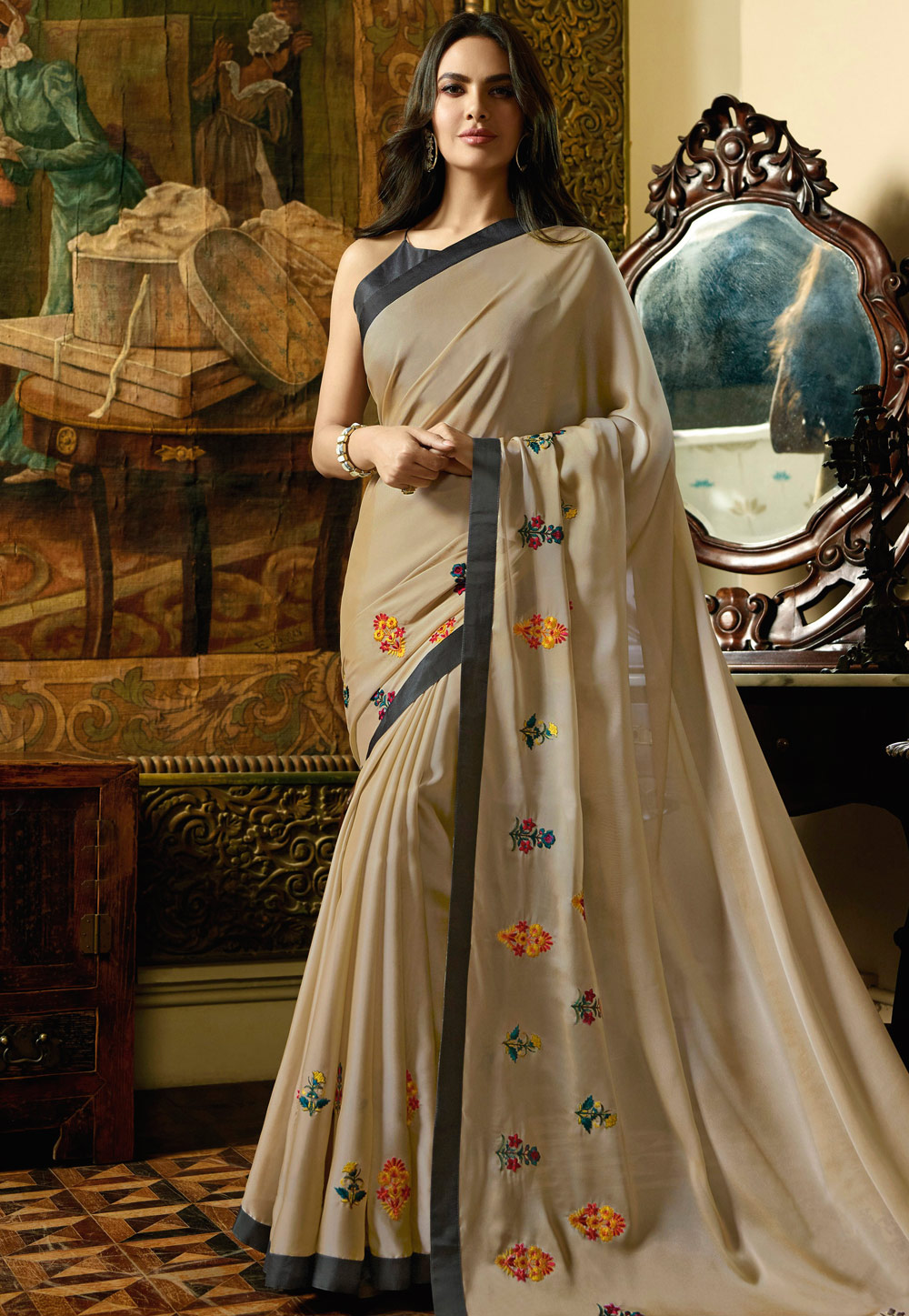 Esha Gupta Beige Silk Festival Wear Saree 180052