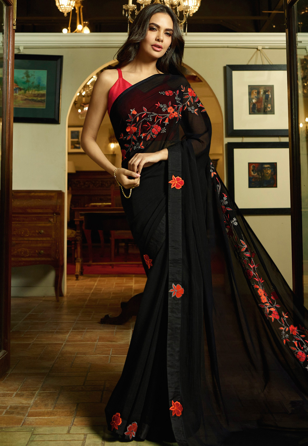 Esha Gupta Black Georgette Bollywood Wear Saree 180056