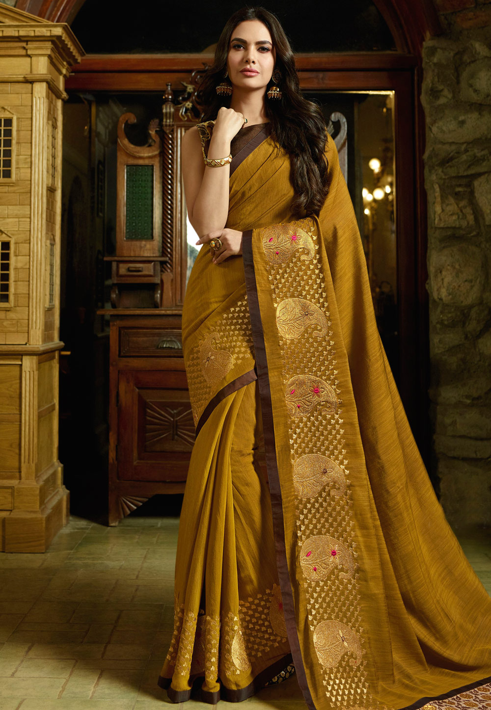 Esha Gupta Mustard Silk Saree With Blouse 180058