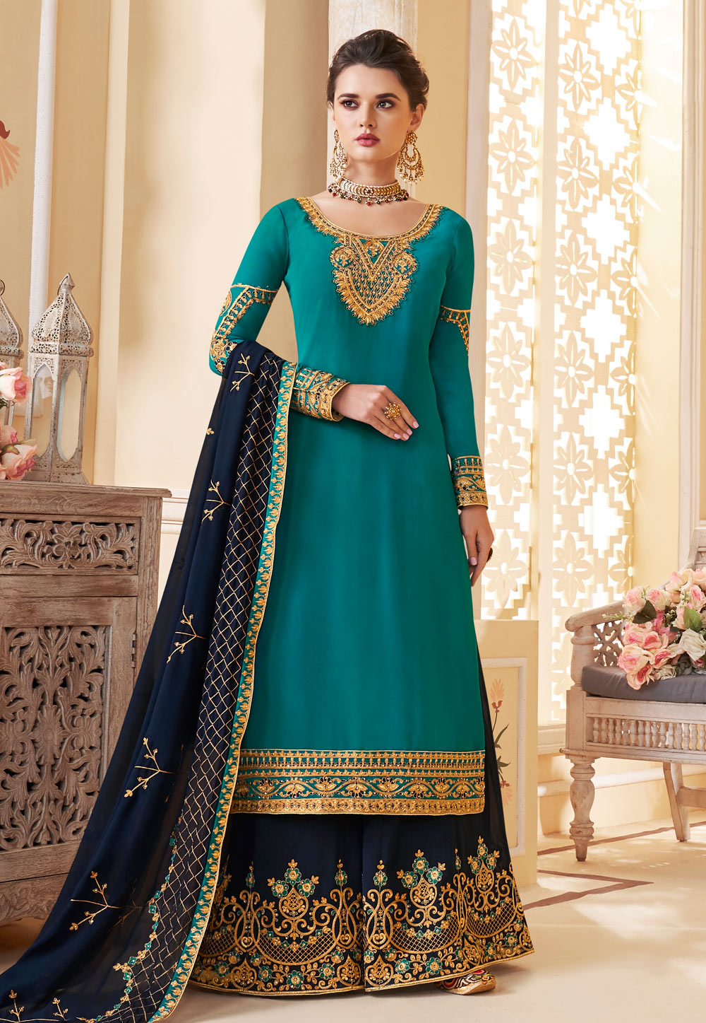 Turquoise Georgette Embroidered Palazzo Suit 190608