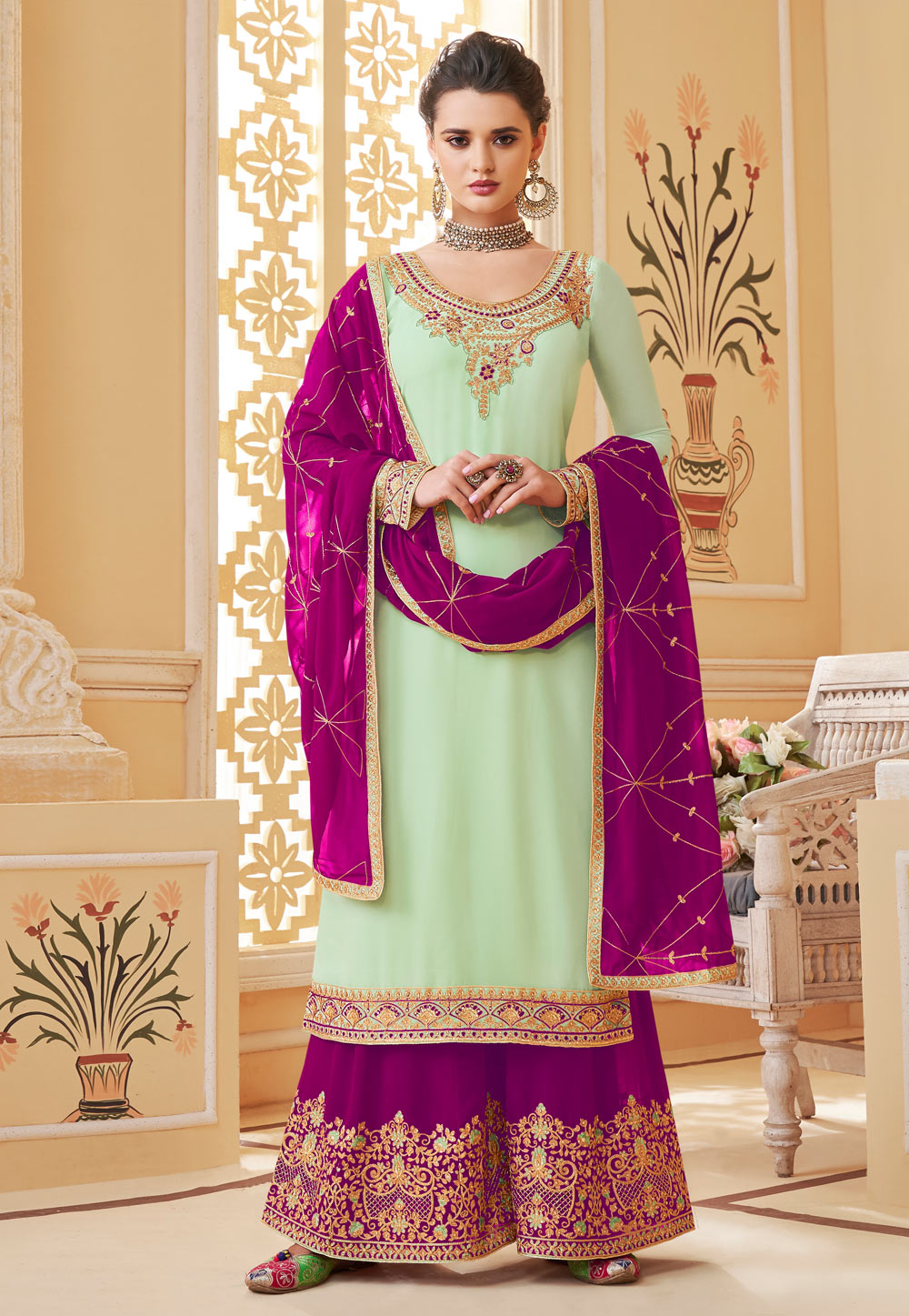 Pista Green Georgette Embroidered Kameez With Palazzo 190609