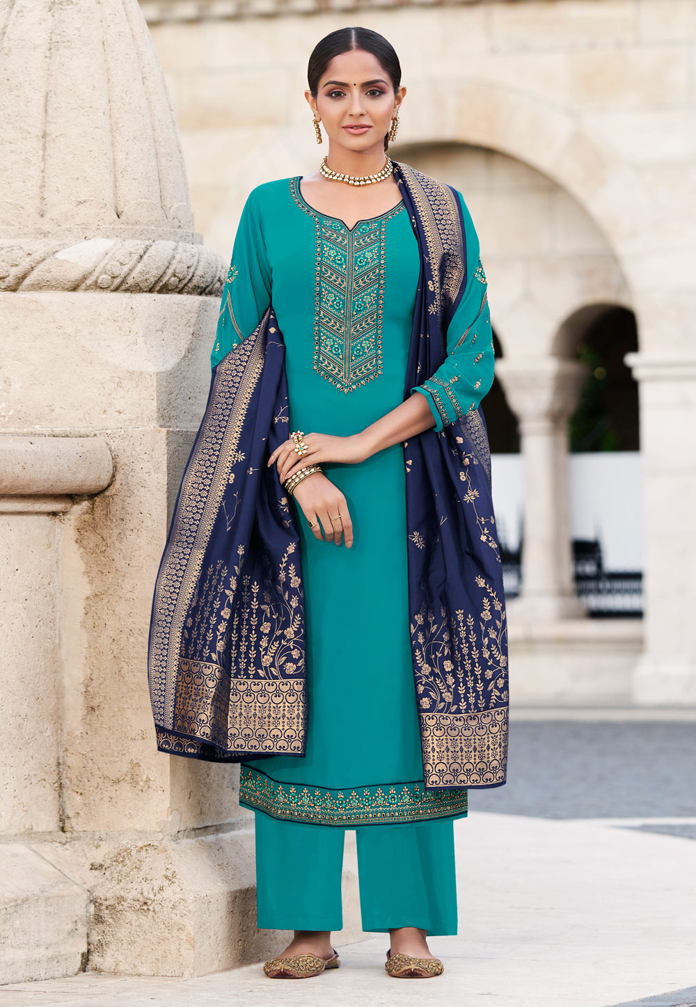 Turquoise Georgette Palazzo Suit 235582