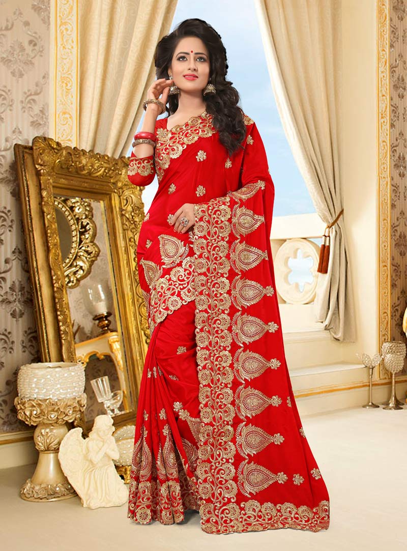 Red Chinon Embroidery Work Saree 87153