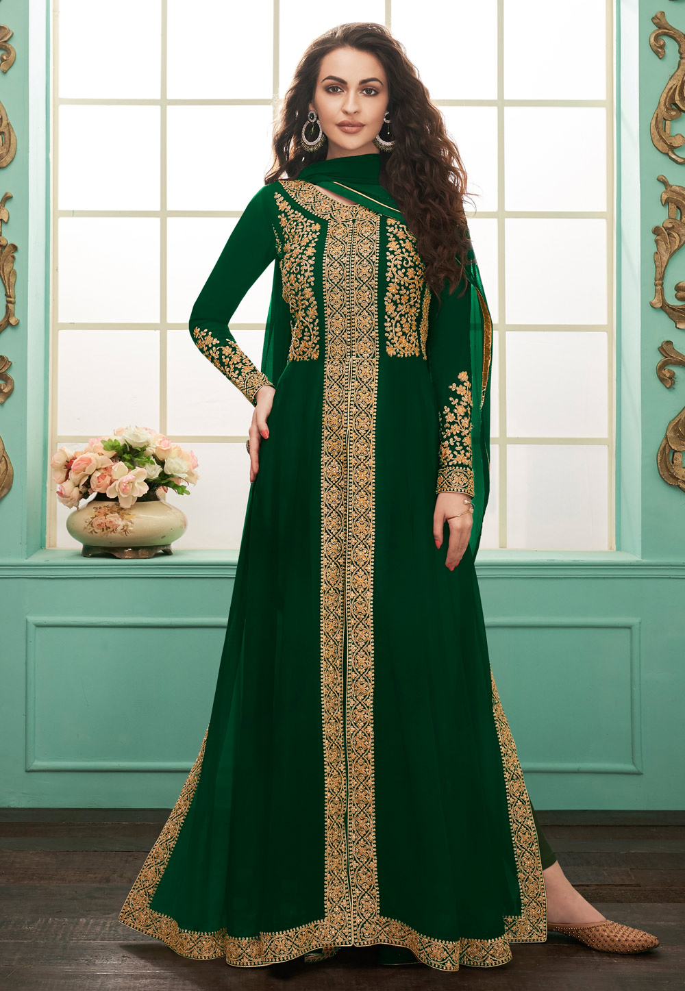 Green Georgette Pant Style Suit 193480