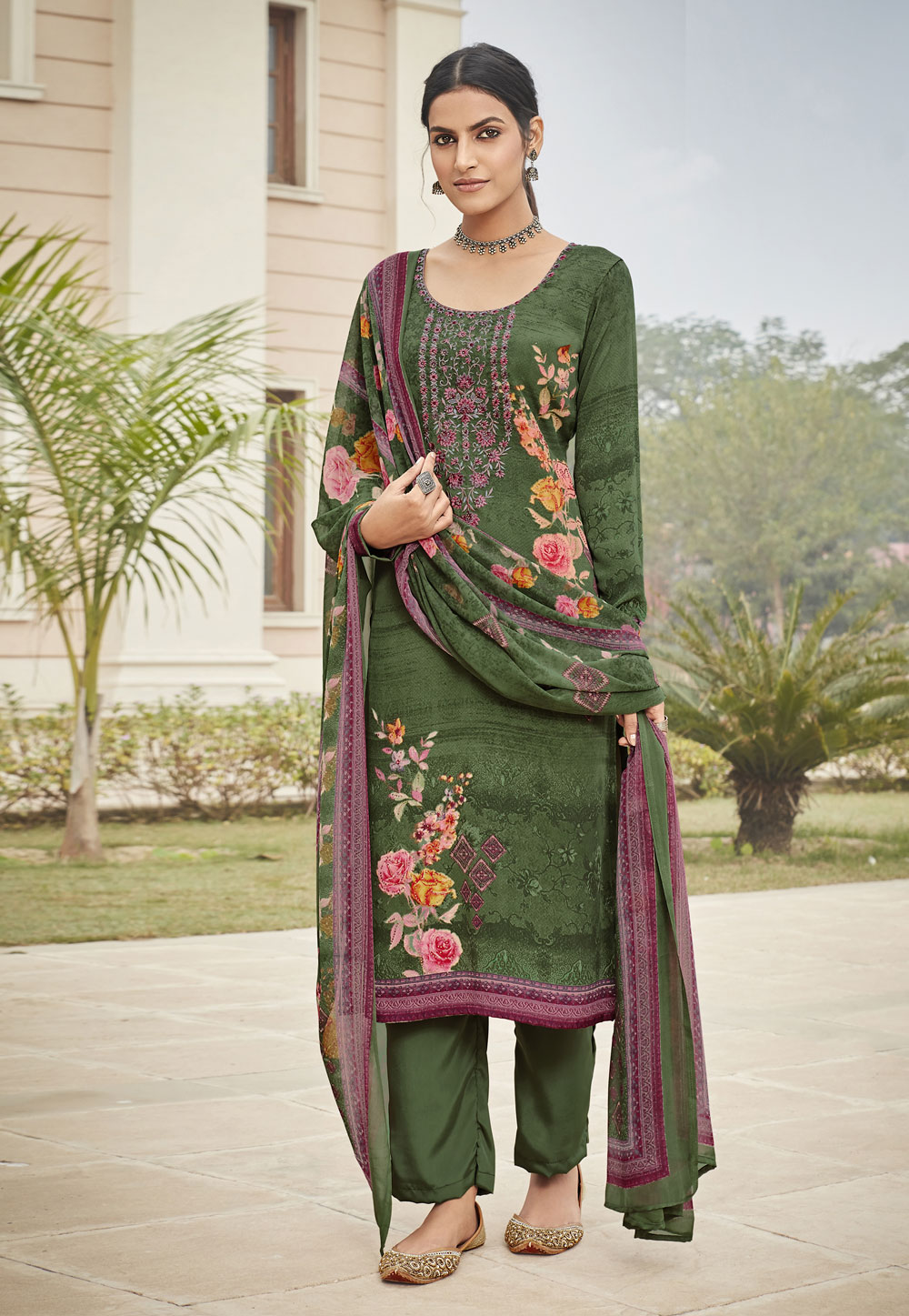 Green Crepe Kameez With Pant 217161