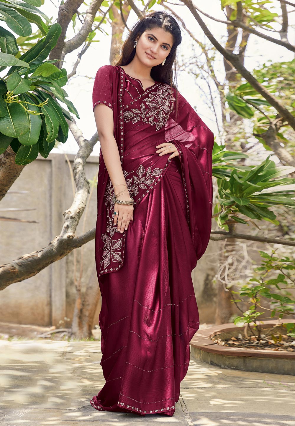 Magenta Satin Silk Saree With Blouse 267374
