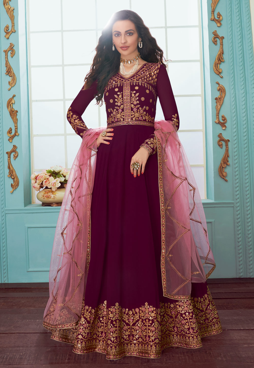 Purple Georgette Embroidered Abaya Style Anarkali Suit 191567