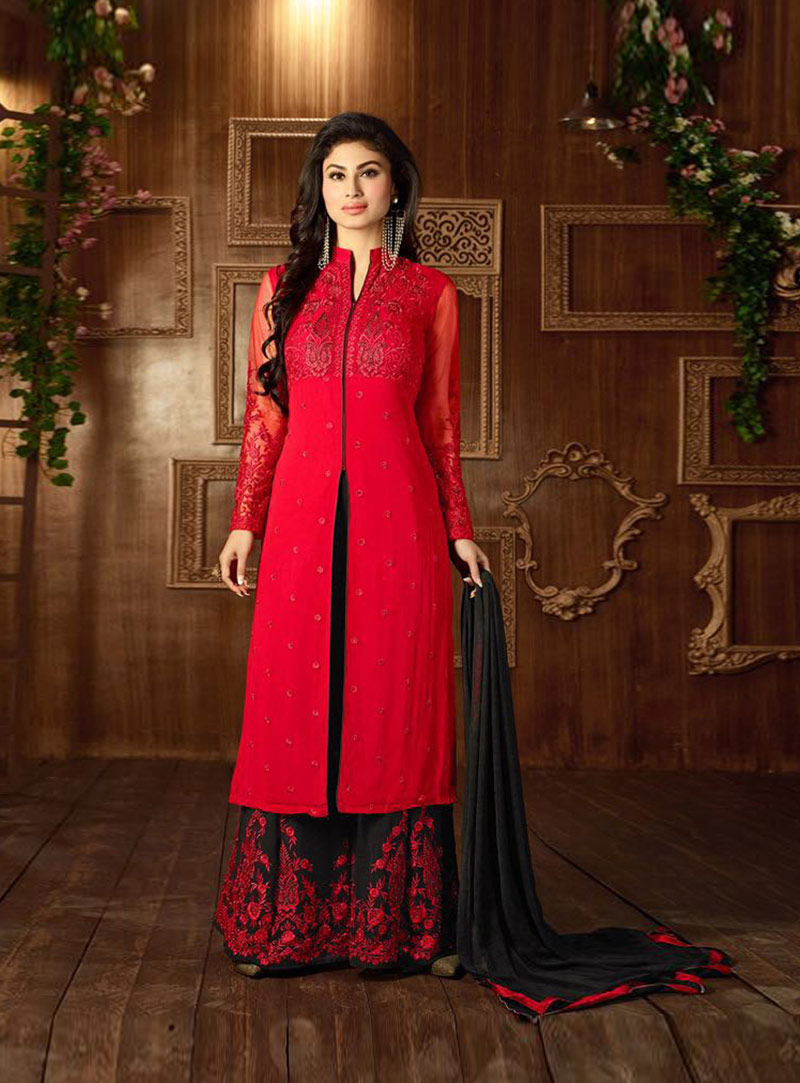 Mouni Roy Red Semi Georgette Palazzo Style Suit 76534