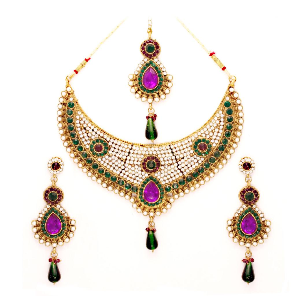 Green and Purple Bridal Necklace Set with Earring and Mang Tikka 24065