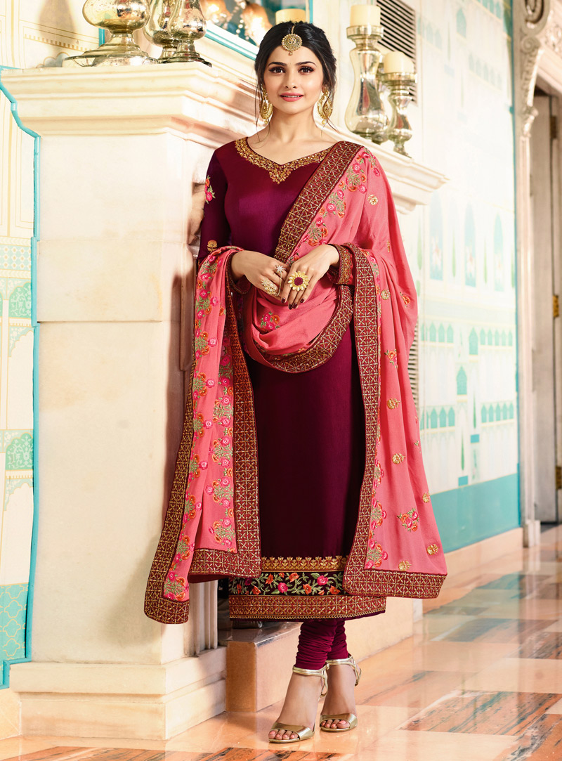 Prachi Desai Purple Silk Churidar Salwar Suit 127502