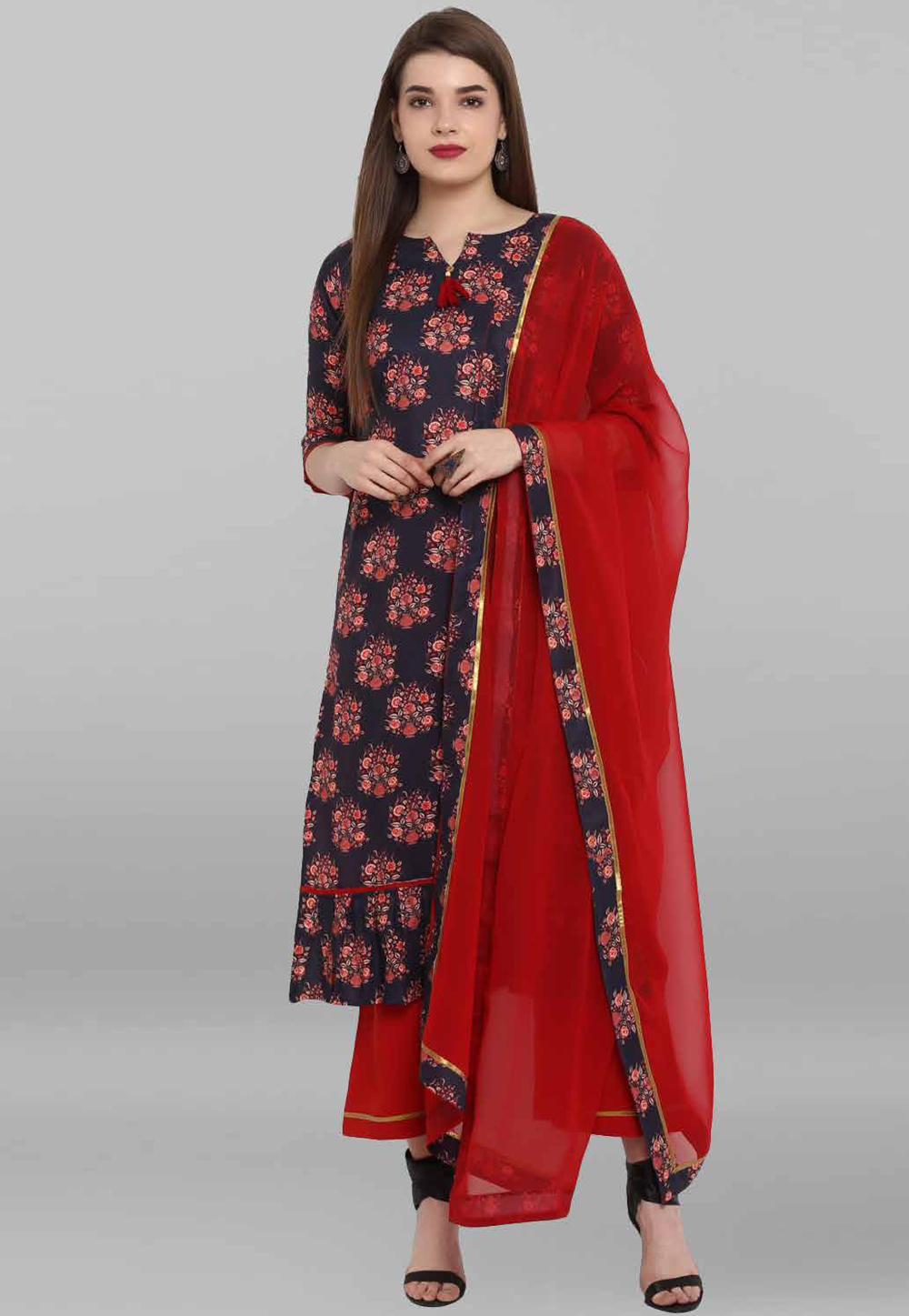 Navy Blue Crepe Readymade Kameez With Palazzo 194481