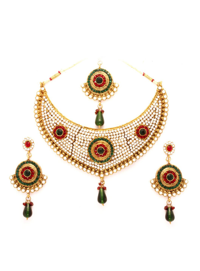 Green and Red Bridal Necklace Set with Earring and Mang Tikka 24067